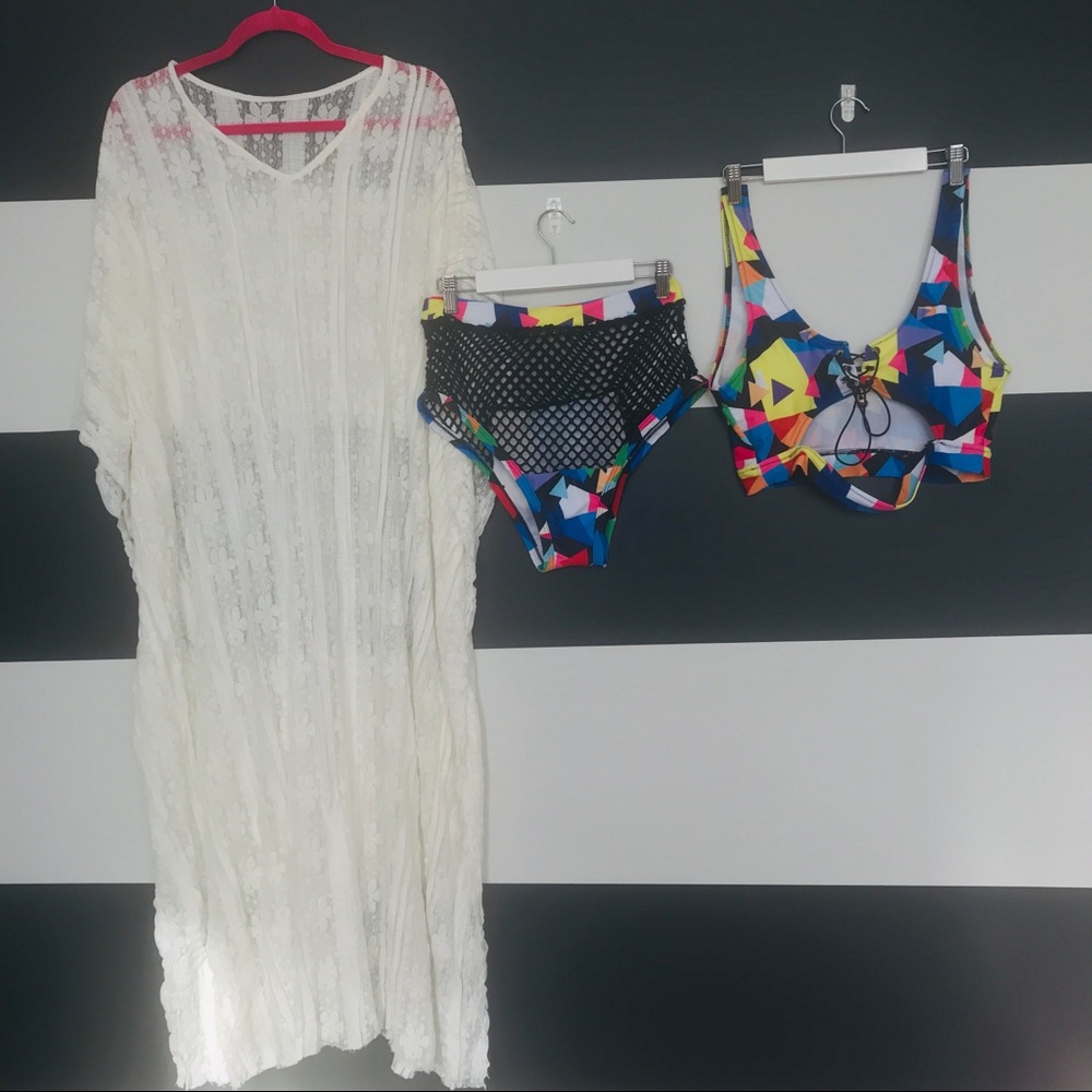 New, never worn cutout mesh bikini & Cover up!